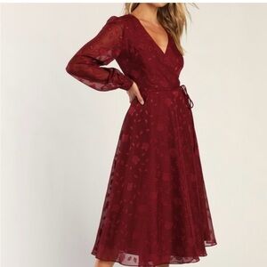 Lulu’s Deep Red Jacquard Wrap Midi Dress